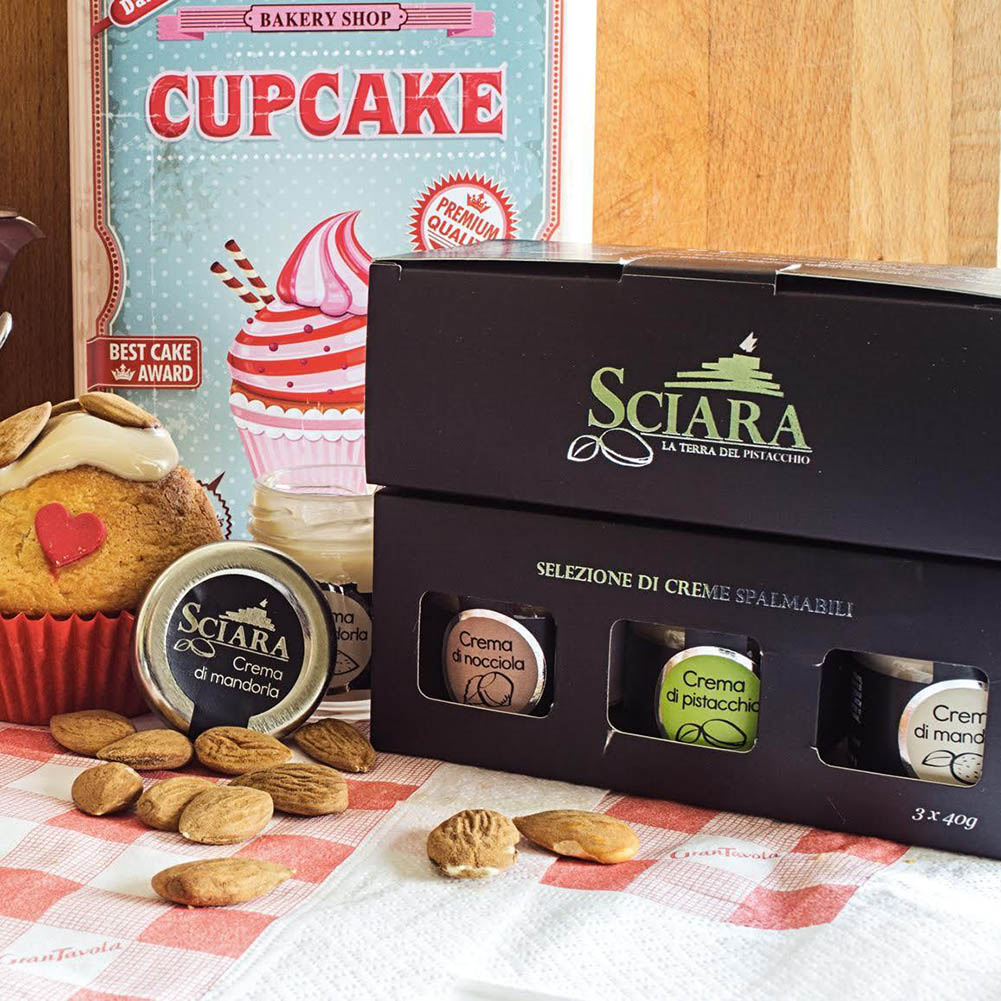 selezione creme spalmabili sciara. Pistacchio, mandorla e nocciola